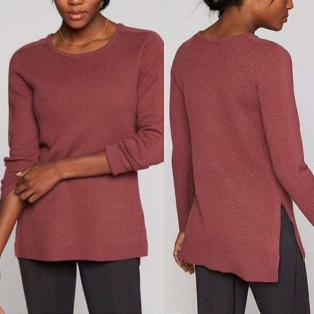 Athleta Thermal Honeycomb Split Hem Crewneck Merino Wool Pullover Sweater Rust